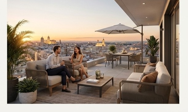 Pareja en terraza de ático en alquiler en Madrid