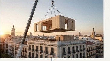 Grúa elevando módulo prefabricado sobre azotea de Madrid
